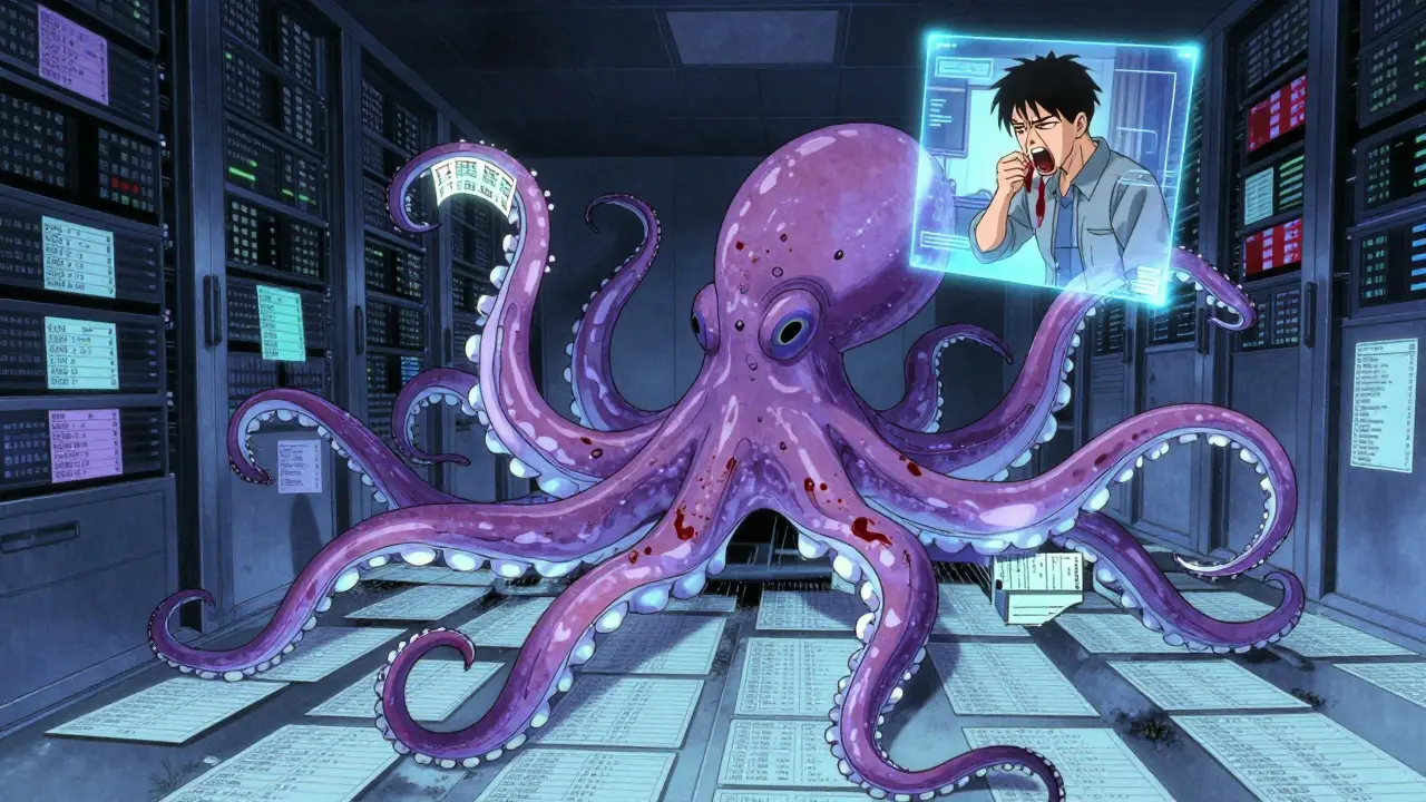 AI octopus neural network analyzing patient records, one glowing batch number linked to a hologram of a patient having a reaction.