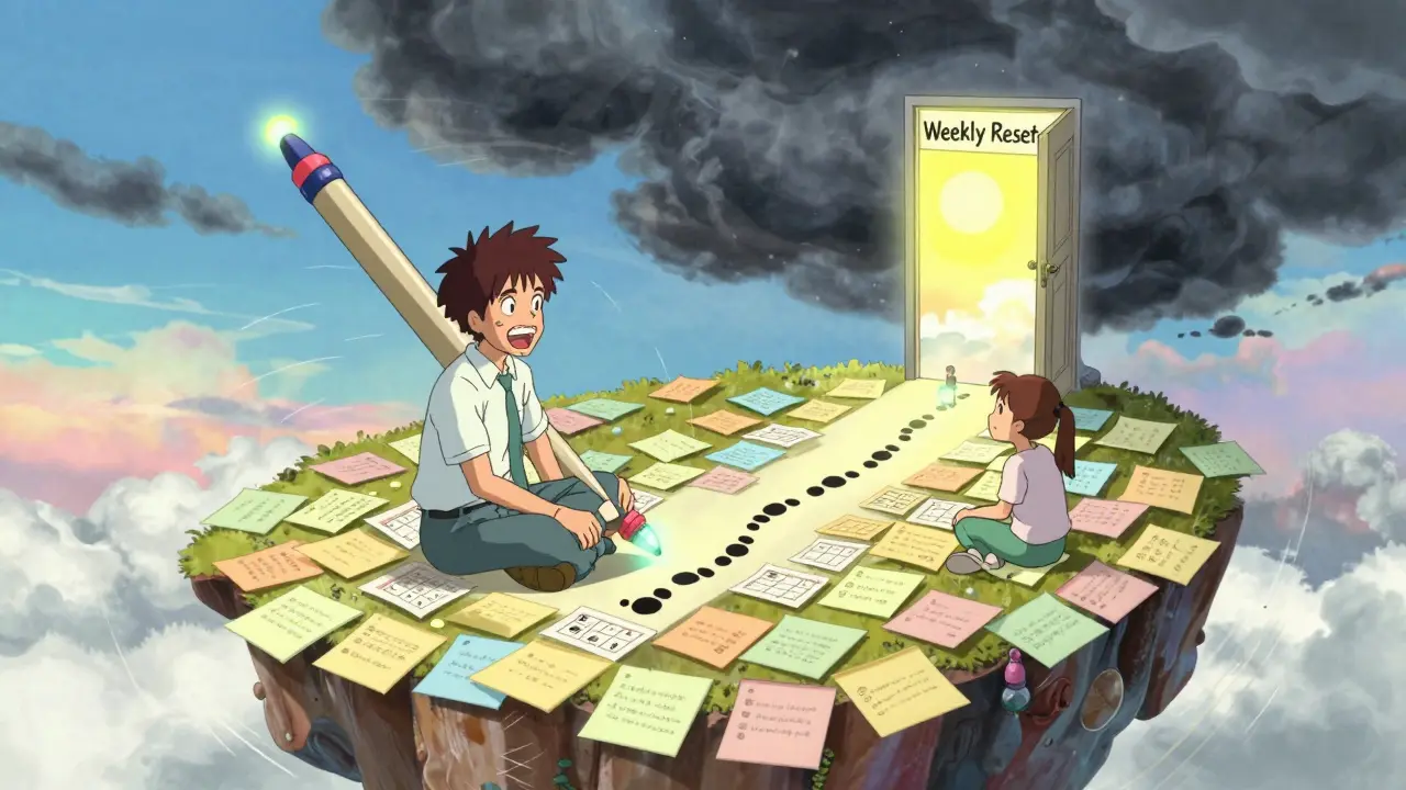 An ADHD coach and client drawing a path of progress on a floating island of sticky notes and calendars.