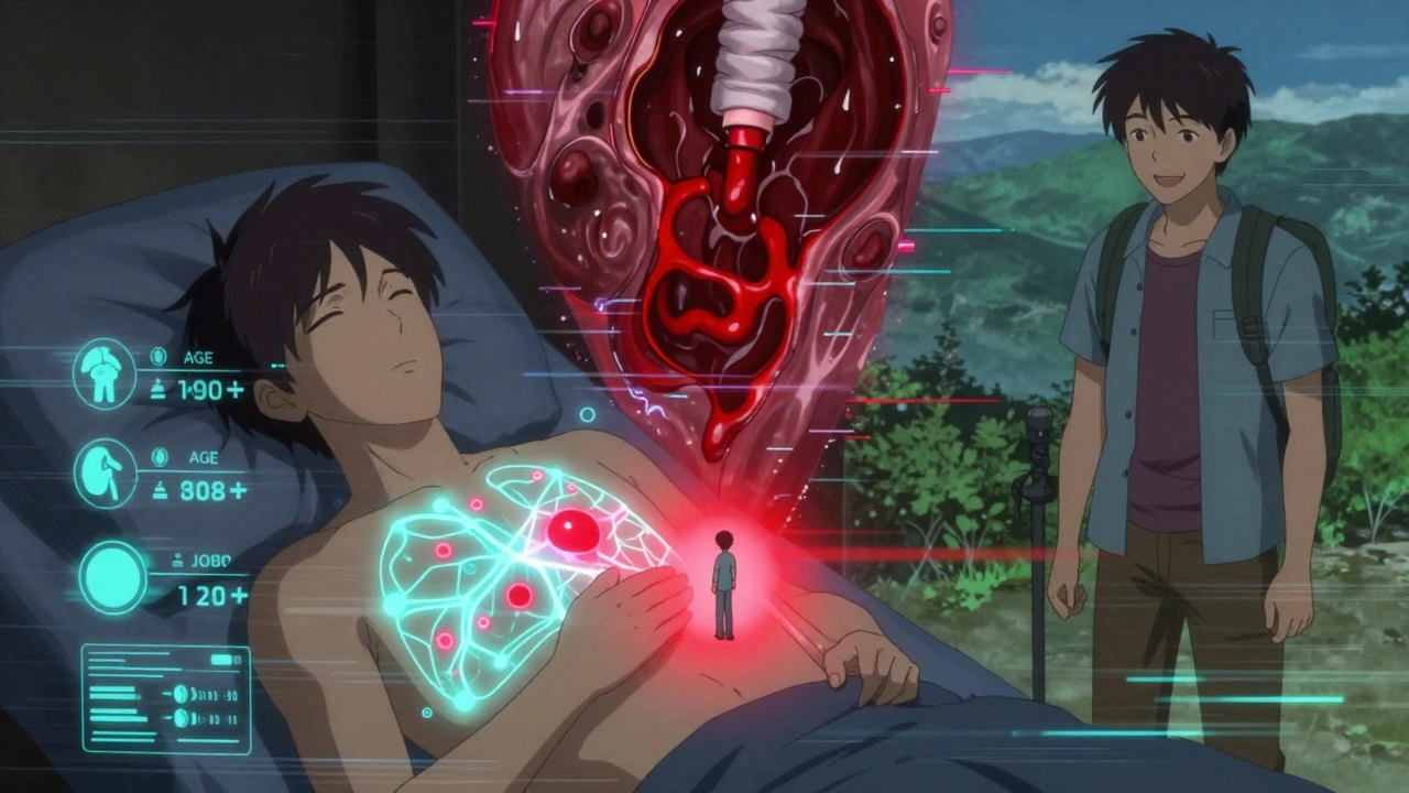 An AI risk visualization over a chest, showing bleeding and safety pathways.