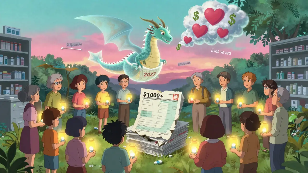 Diverse patients hold generic pills as lanterns, forming a protective halo around collapsing specialty drug invoices.