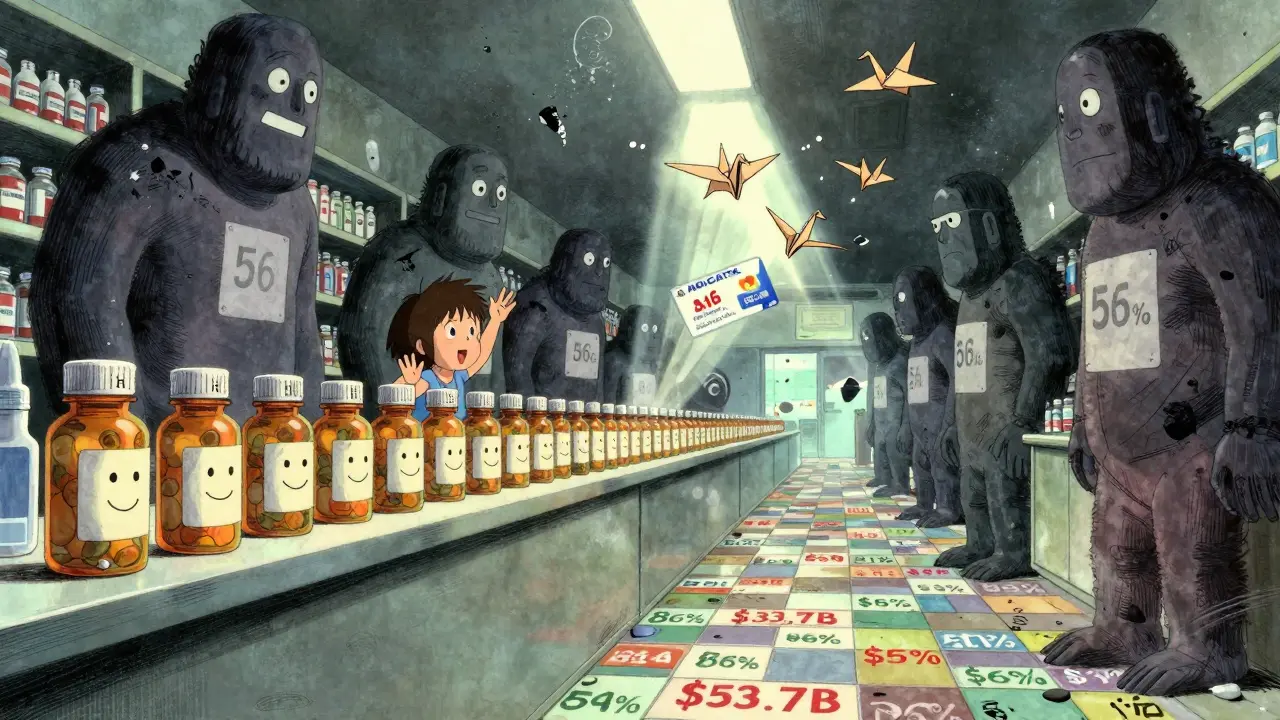 Generic drug bottles smile at a pharmacy counter while expensive brand-name pills crumble into paper cranes.