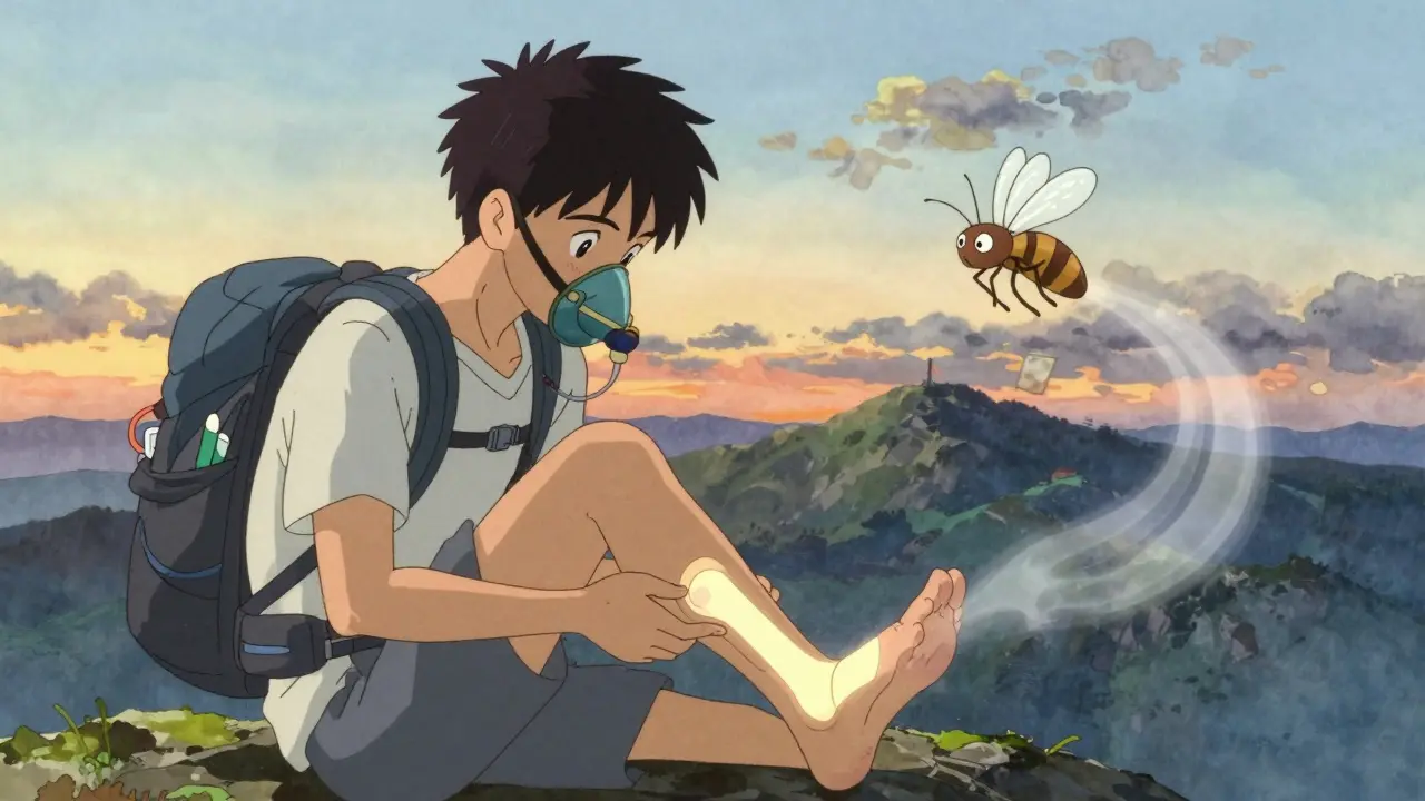 Hiker with blister pad on mountain peak, glowing protective pad and warning mosquito floating nearby.