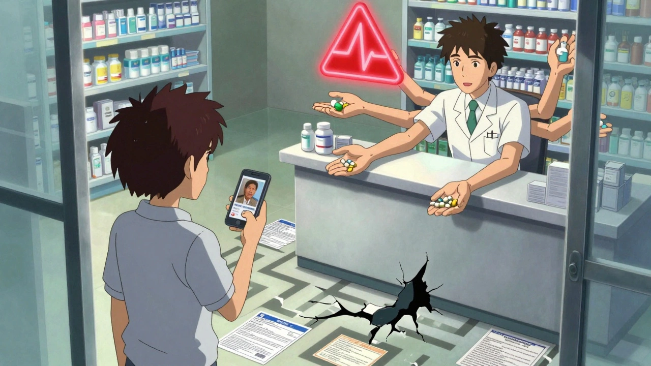 Patient at pharmacy counter faced with multiple generic options, surrounded by insurance and safety warnings.