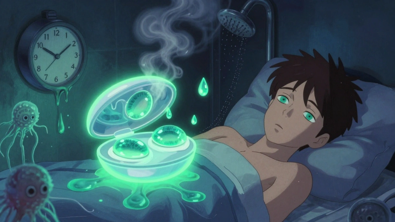 Person sleeping with contact lenses as water turns into dangerous microbes in the shower.