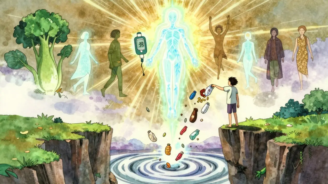 Person throwing away junk food as healthy foods rise like guides, glowing with energy under a dawn sky.