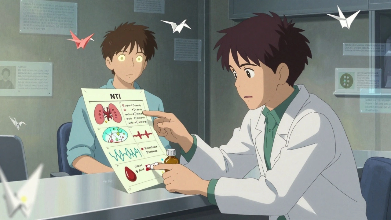 Pharmacist explains generic medication changes as floating symbols represent health conditions.
