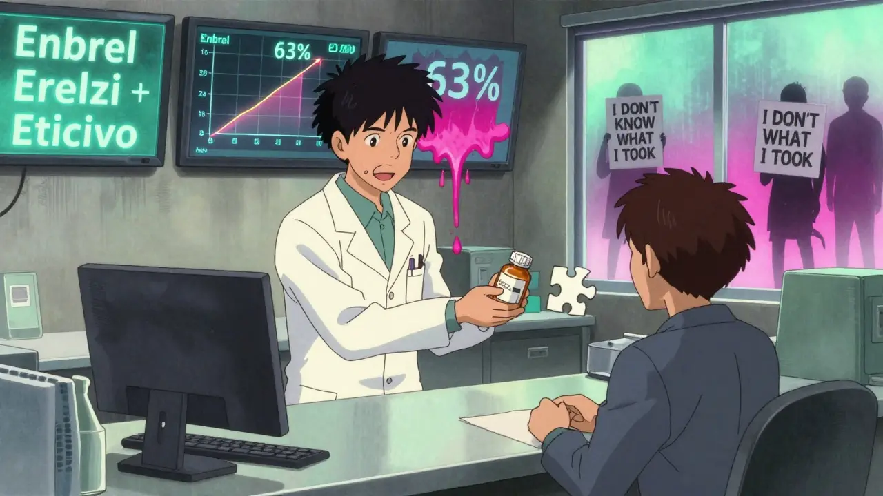 Pharmacist handing a bottle to a patient while digital screens display conflicting drug names and a melting error rate graph.