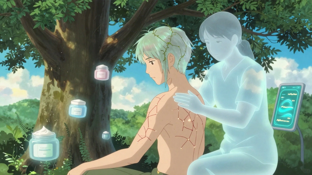 Someone recovering after radiation, with regrowing hair and spider veins, receiving gentle massage under a tree.