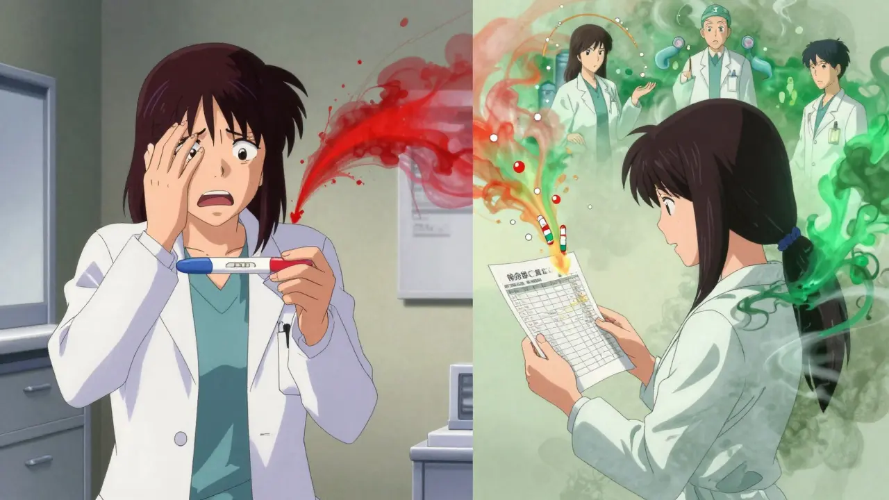 Split-panel scene of woman in panic vs. calm with specialists guiding safe medication choices.