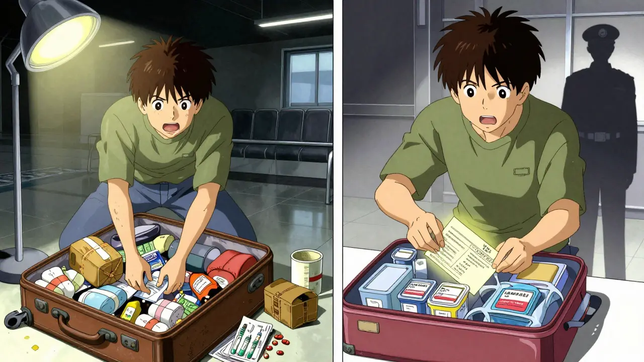 Split scene: chaotic suitcase vs organized travel med kit under airport lighting.