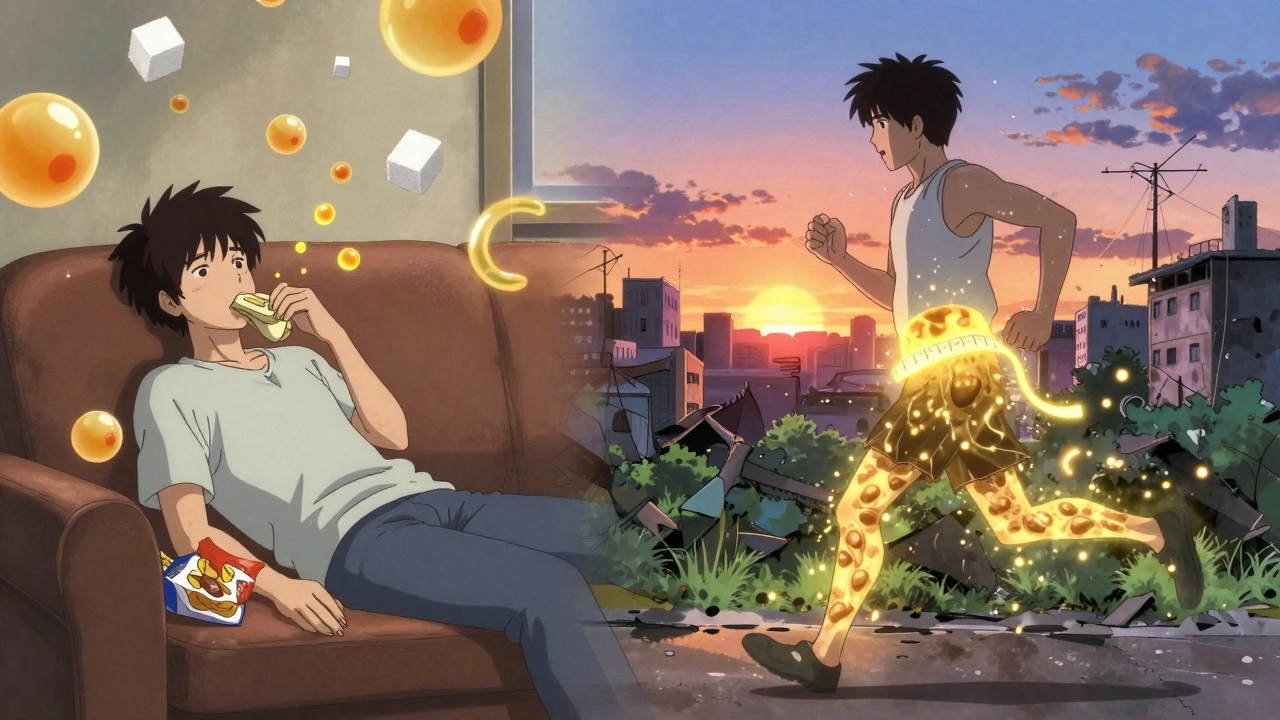 Split scene: person eating junk food transforming into someone jogging as fat turns to golden light.