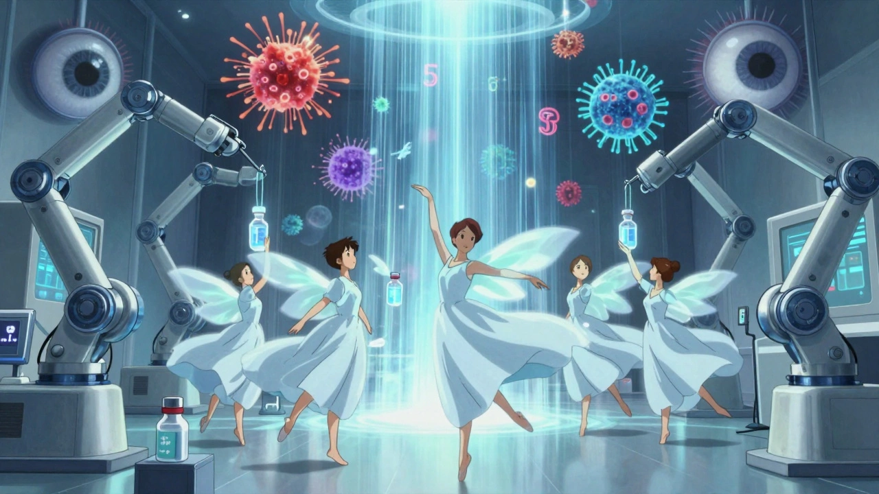 Stylized scientists in flowing gowns and robotic arms filling vials under glowing air currents in a surreal cleanroom.