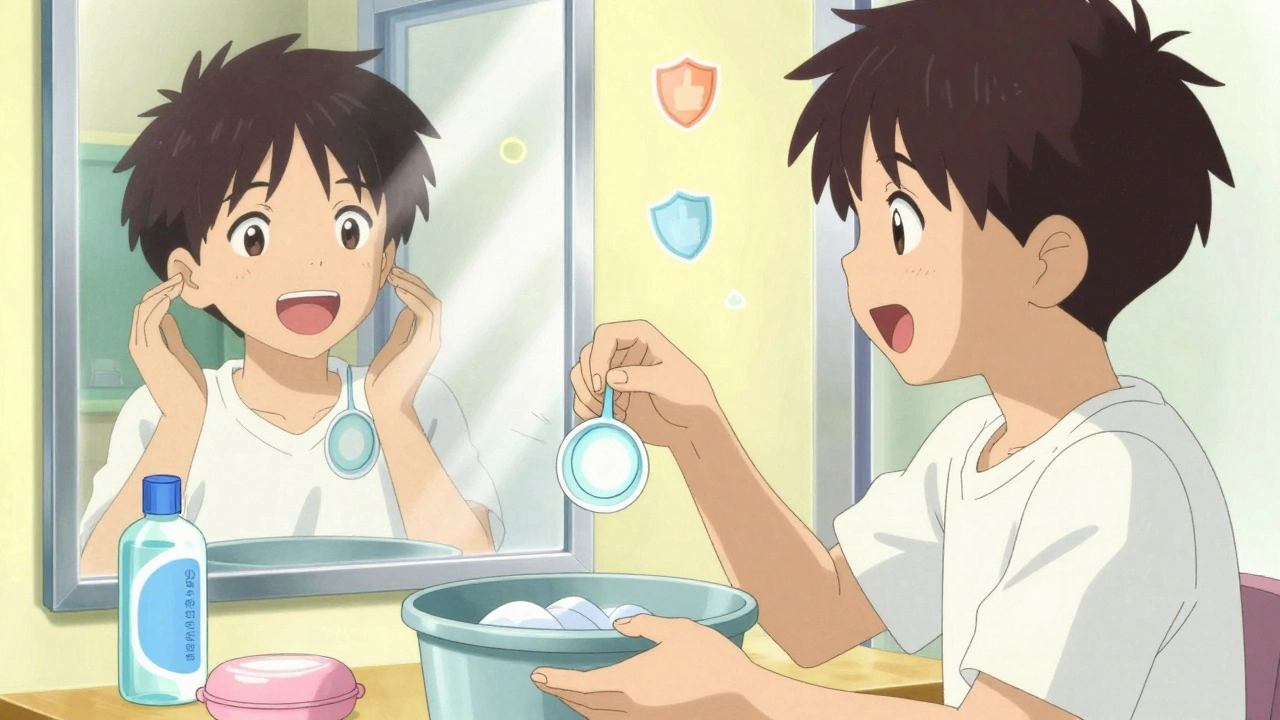 Teenager discarding daily contact lenses safely, with clean case and solution visible.