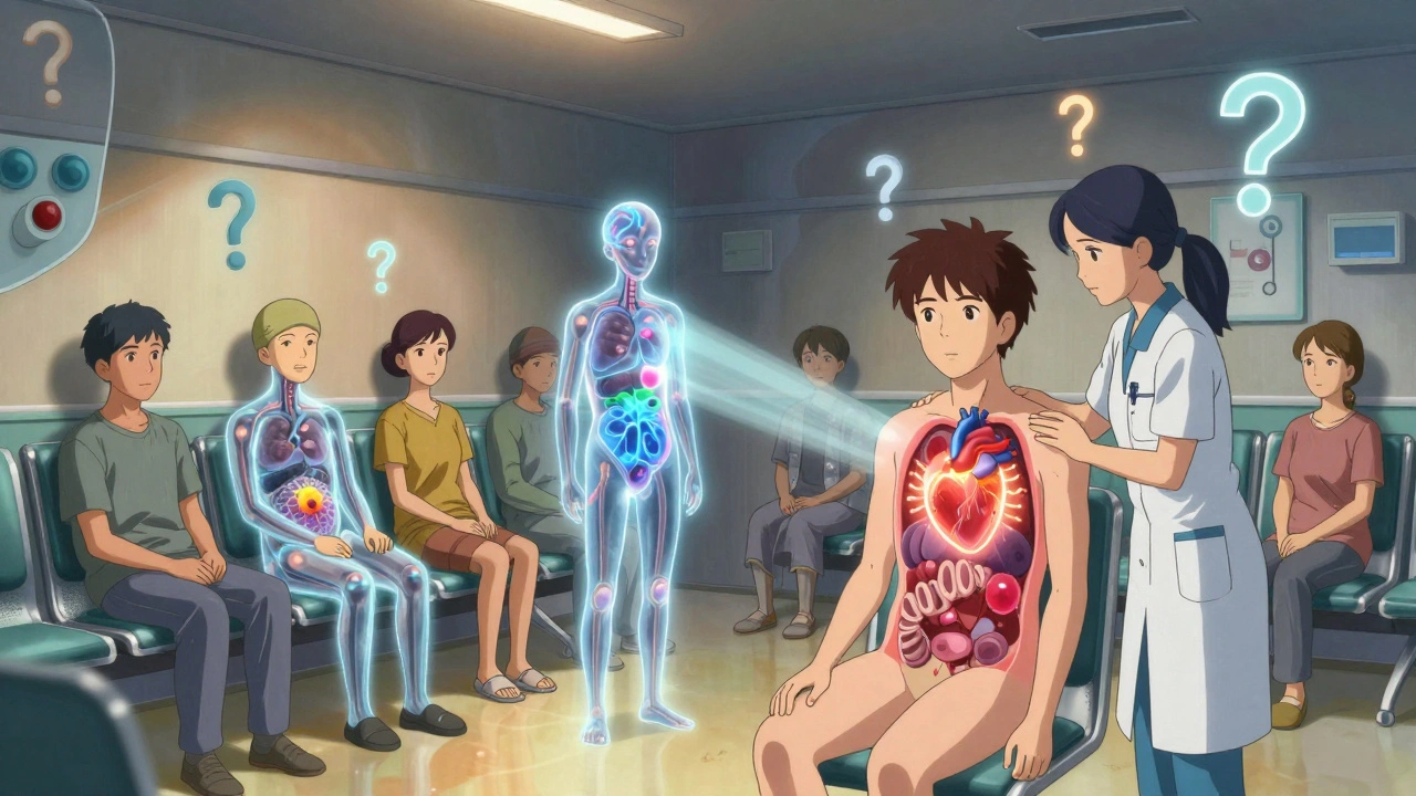 Transparent patients glow with inner light in a warping hospital room, cared for by a nurse amid floating medical symbols.