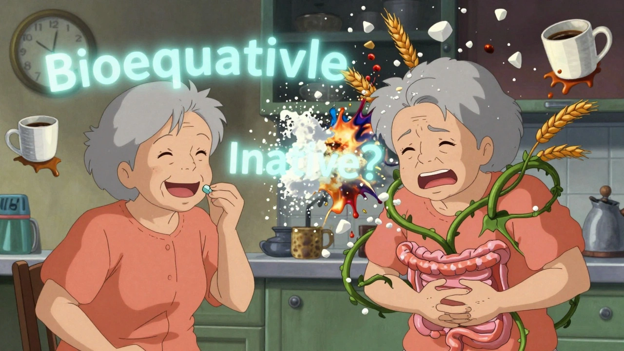 Two versions of the same woman: one calm with a brand pill, the other in pain as invisible fillers attack her body.