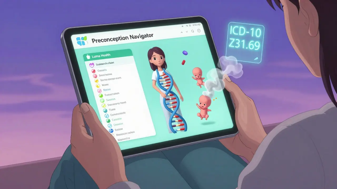 Woman using digital app that transforms risky drugs into safe alternatives with fetal silhouettes.