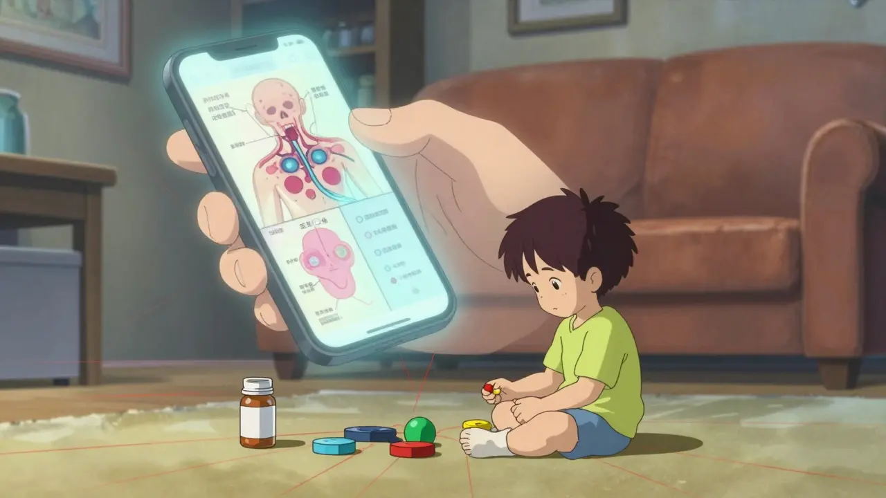 A child plays peacefully while a medical chart hovers above, showing a hidden overdose risk.