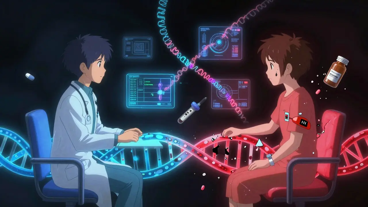 A doctor and patient sit at a DNA-shaped table, one side blue and controlled, the other red and shattered.