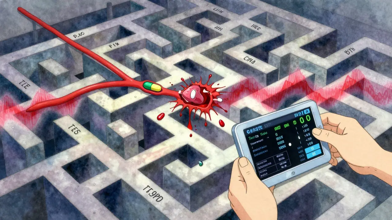 A fragmented mind as a maze where one wrong pill causes collapse, while digital hands recalibrate using genetic and lab data streams.