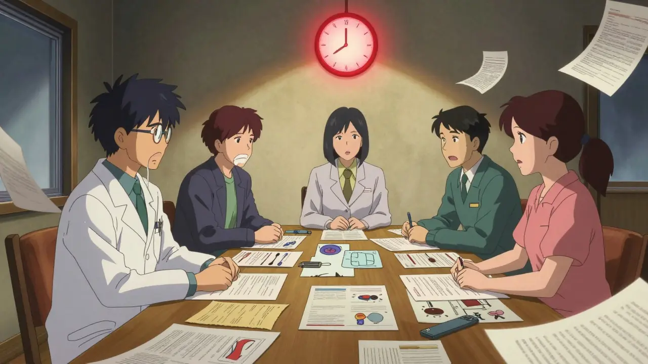 A fragmented team of caregivers sits around a table of floating medical documents under a ticking clock.