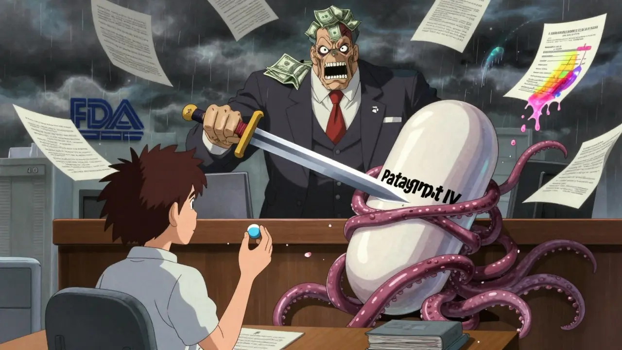A giant patent tentacle crushing a patient while a generic pill fights back in court.