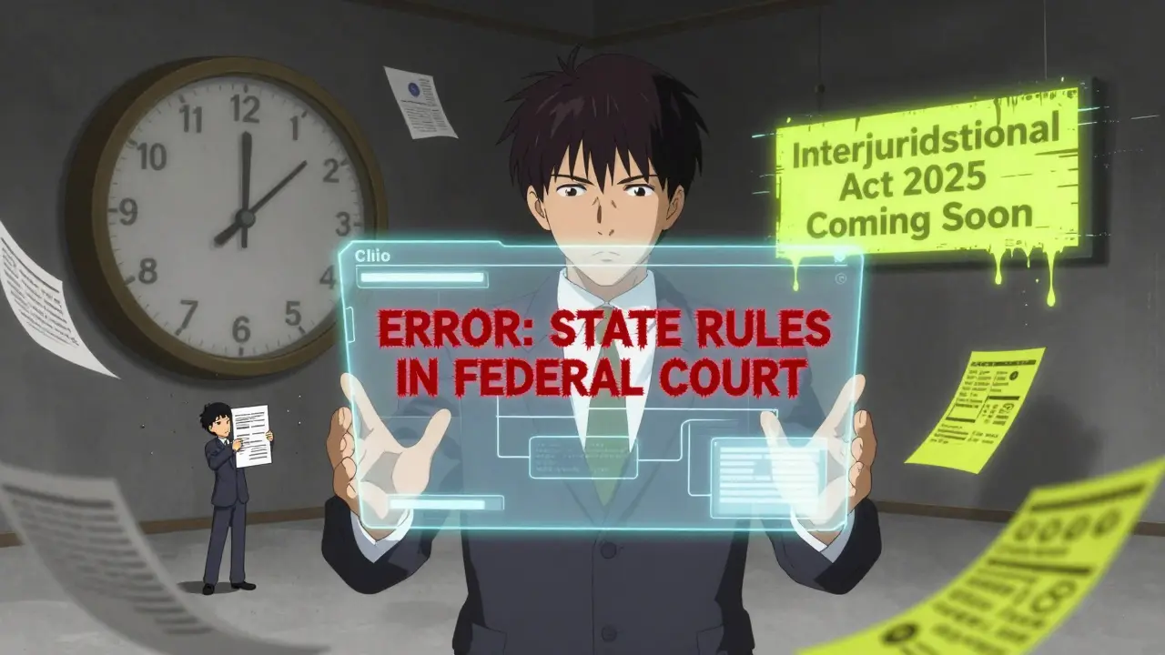 A lawyer facing a glowing legal tech error message as a case disintegrates around them, with a countdown to trial.