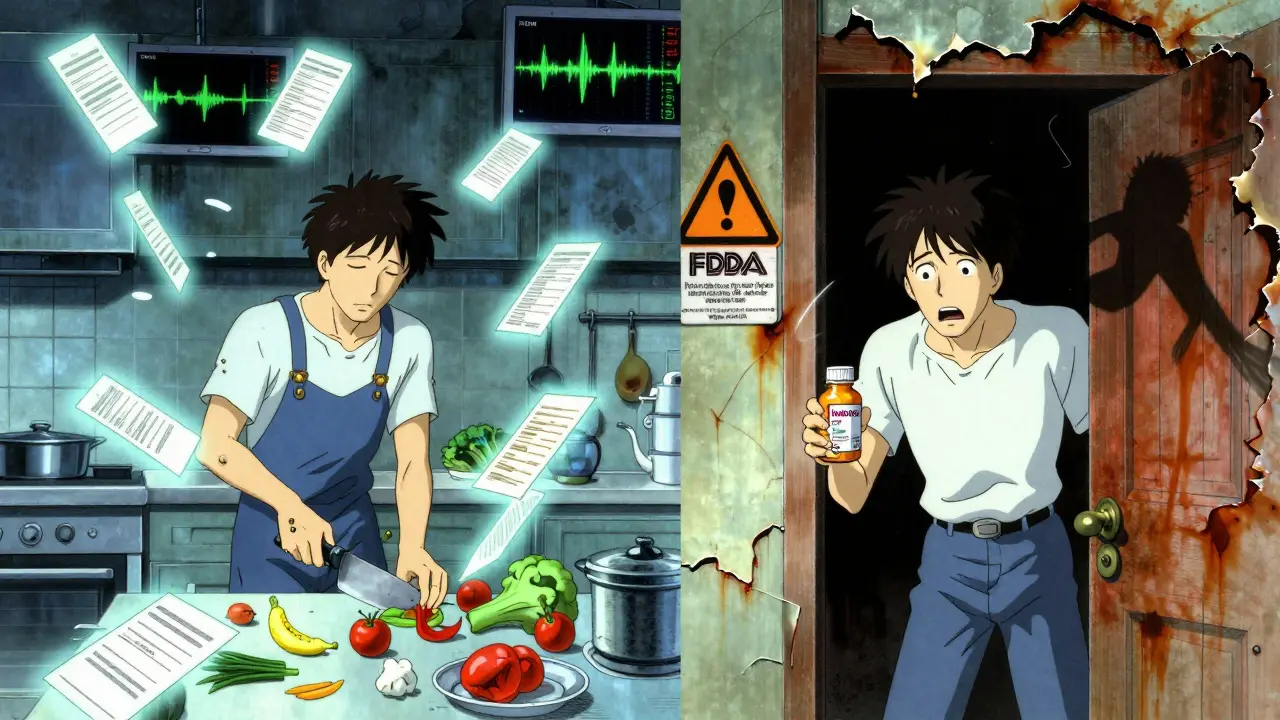 A man sleepwalking in his kitchen while his awake self watches in horror, holding an empty pill bottle.