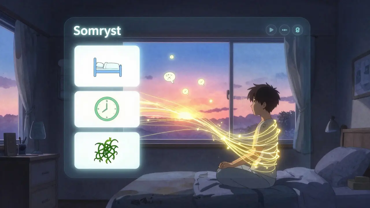 A person meditating as a digital CBT-I app projects calming golden threads in a dark bedroom.