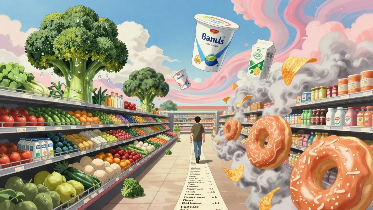 A shopper walking through a surreal grocery aisle where food sections transform into flowing landscapes.