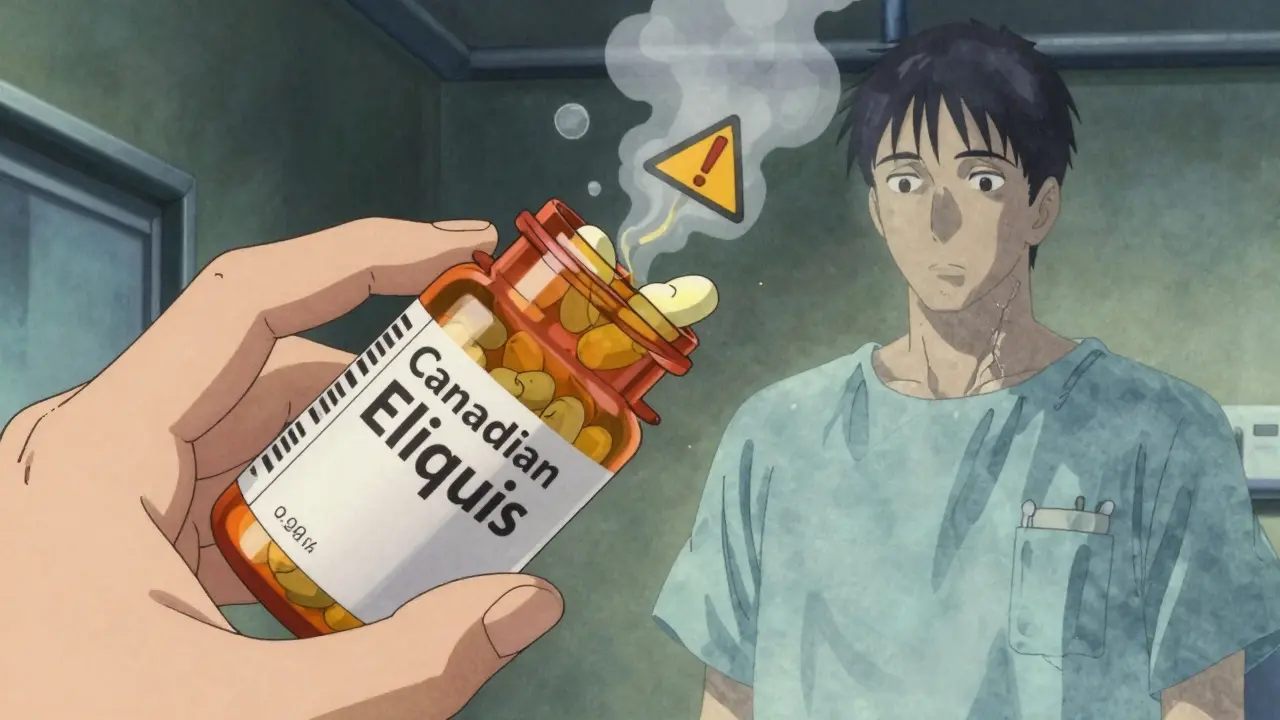 A trembling hand opens a fake Canadian Eliquis bottle as ghostly figures watch, pills exploding into warnings.