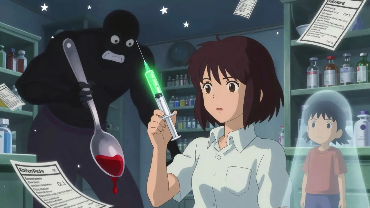 A woman measuring medicine with a syringe while a shadowy kitchen spoon looms nearby, symbolizing dosing risks.