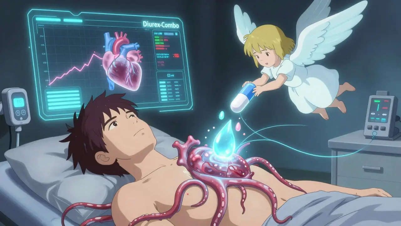 AI interface with electrolyte graphs tightening around a heart, a pill bringing calm as sensors glow nearby.