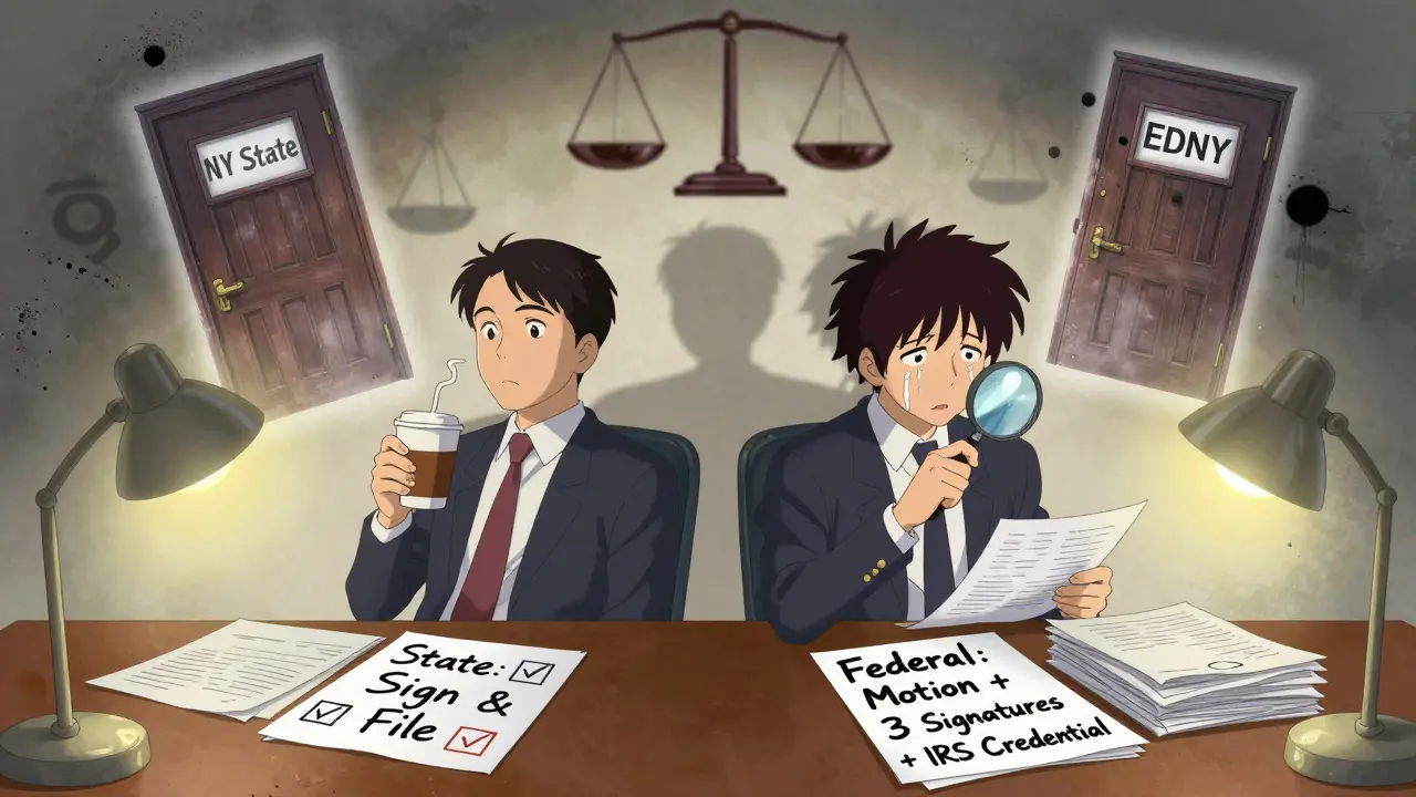 An attorney at a desk surrounded by contrasting state and federal paperwork, their shadow split between two legal worlds.