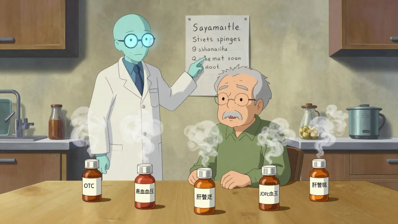 An elderly man surrounded by medicine bottles as a pharmacist spirit guides him to read a safety list.