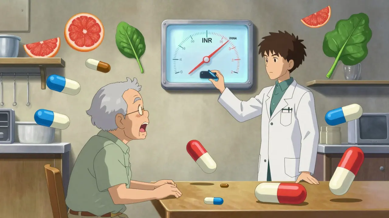 An elderly person at a table with arguing pills, a pharmacist adjusting a glowing INR meter, and food items turning into warning signs.