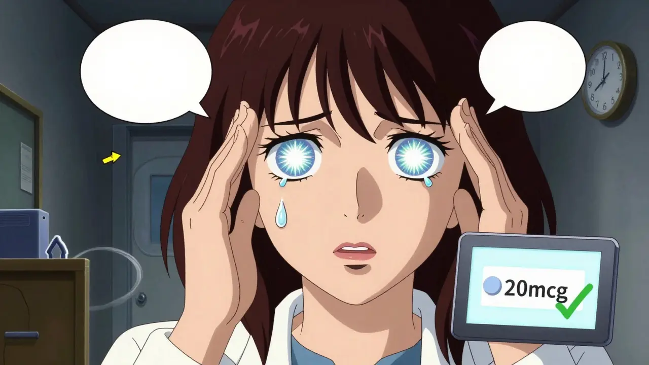 Close-up of woman with migraine aura fractals in her eyes, one tear turning into stroke warning, doctor holding low-dose pill.