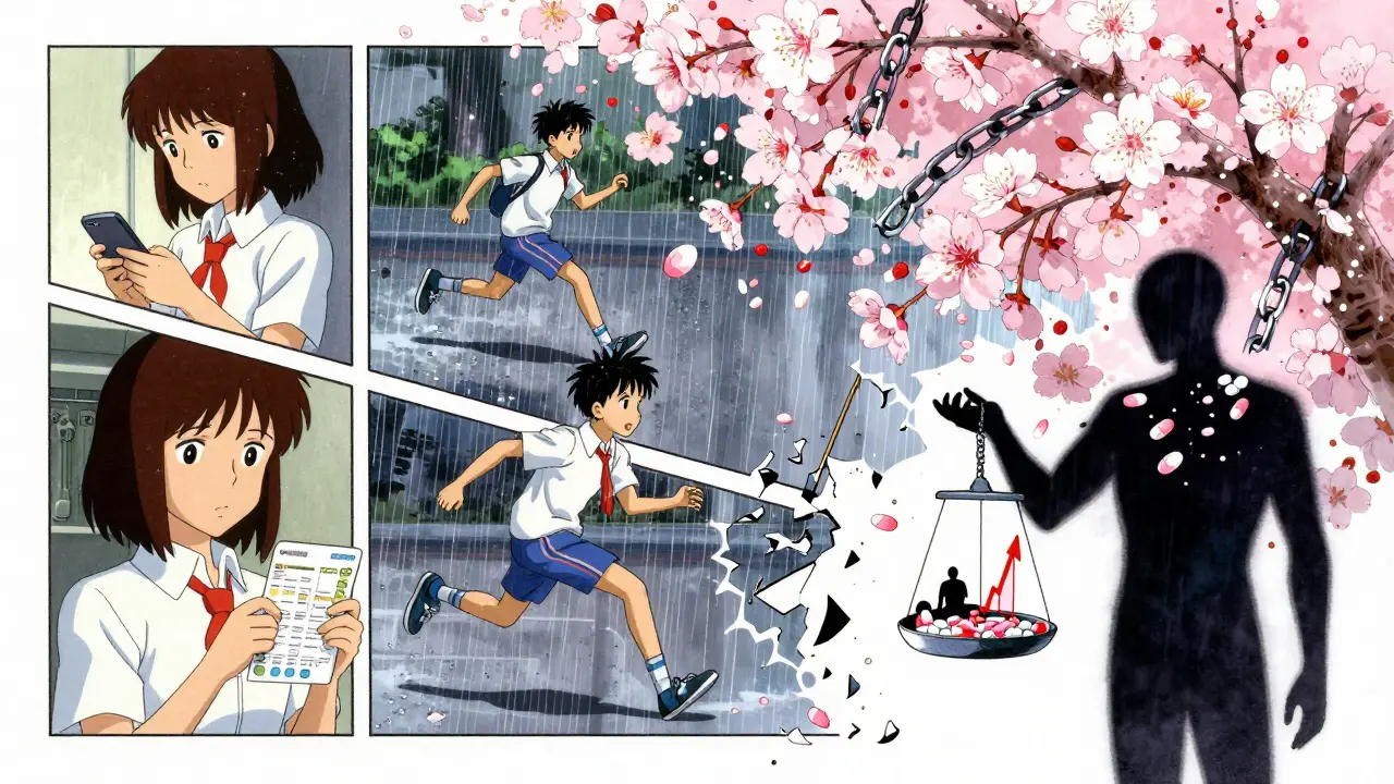 Collage of teen life with pills, warning signs, and cherry blossoms symbolizing hope amid depression.
