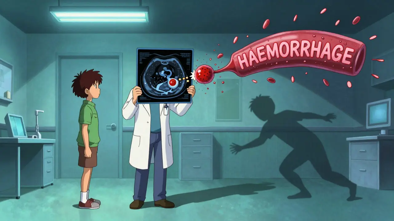 Doctor and patient facing each other with split CT scan showing stroke prevention vs. brain bleed