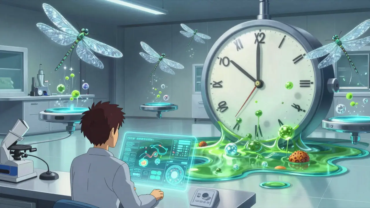 Dragonfly-like air samplers collect spores into floating data orbs above a holographic contamination dashboard.