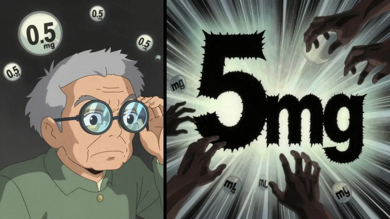 Elderly person magnifying a tiny dosage number that morphs into a dangerous larger number.