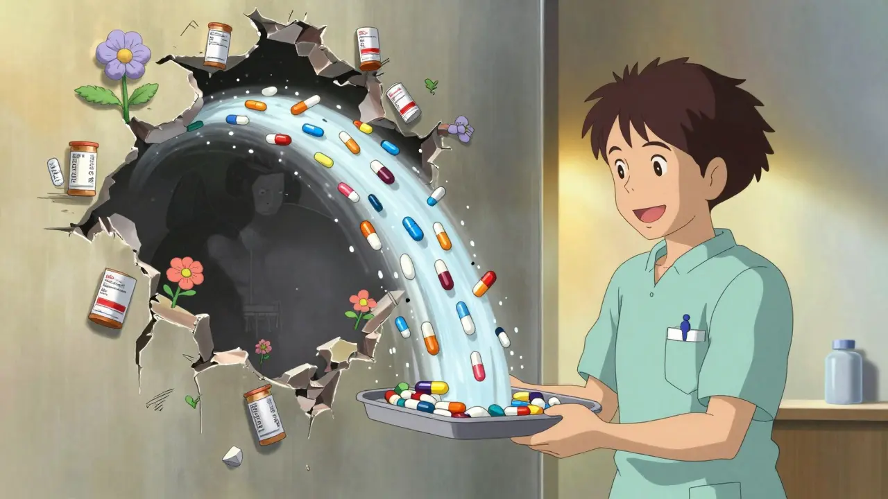 Elderly resident smiles as medication pills transform into a waterfall of interchangeable brands.