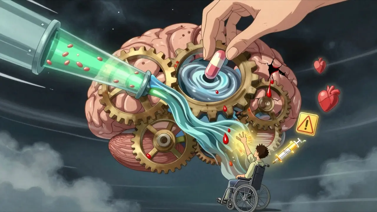 Floating brain made of gears and rivers, one side healthy, the other bleeding, with statin pill above