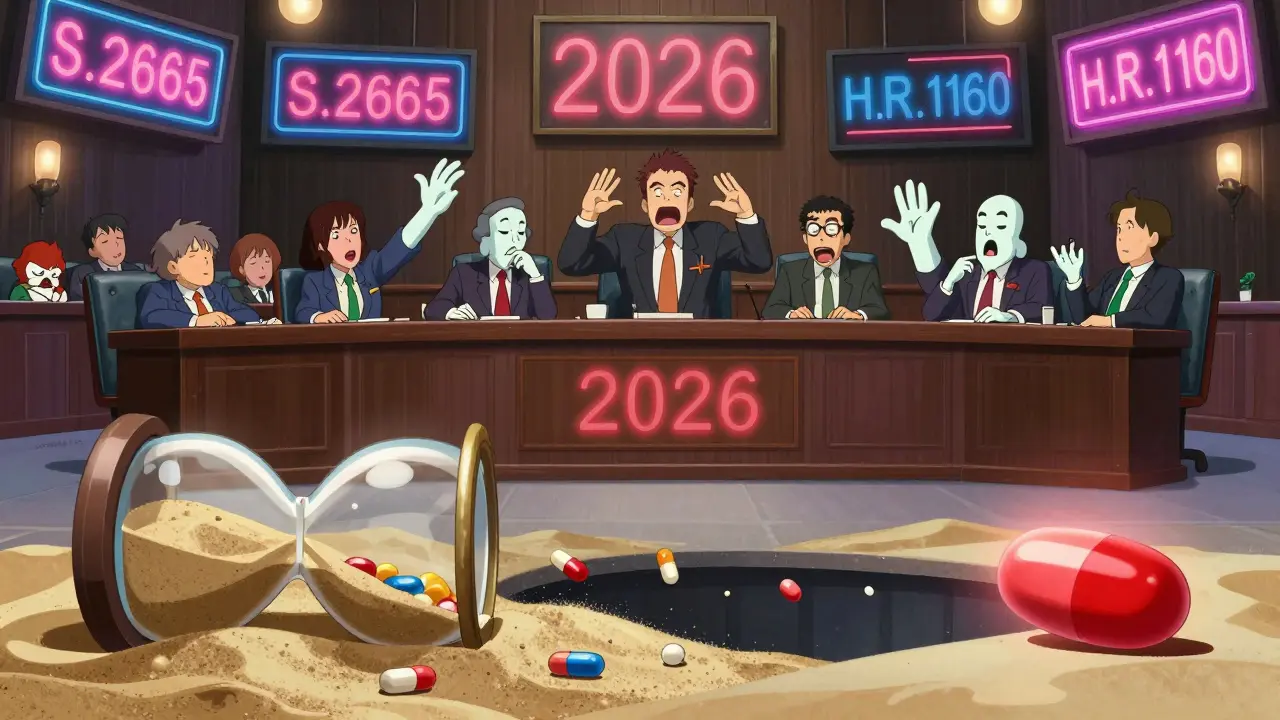 Floating Senate chamber with flickering bills and a draining hourglass of pills falling into 2026.