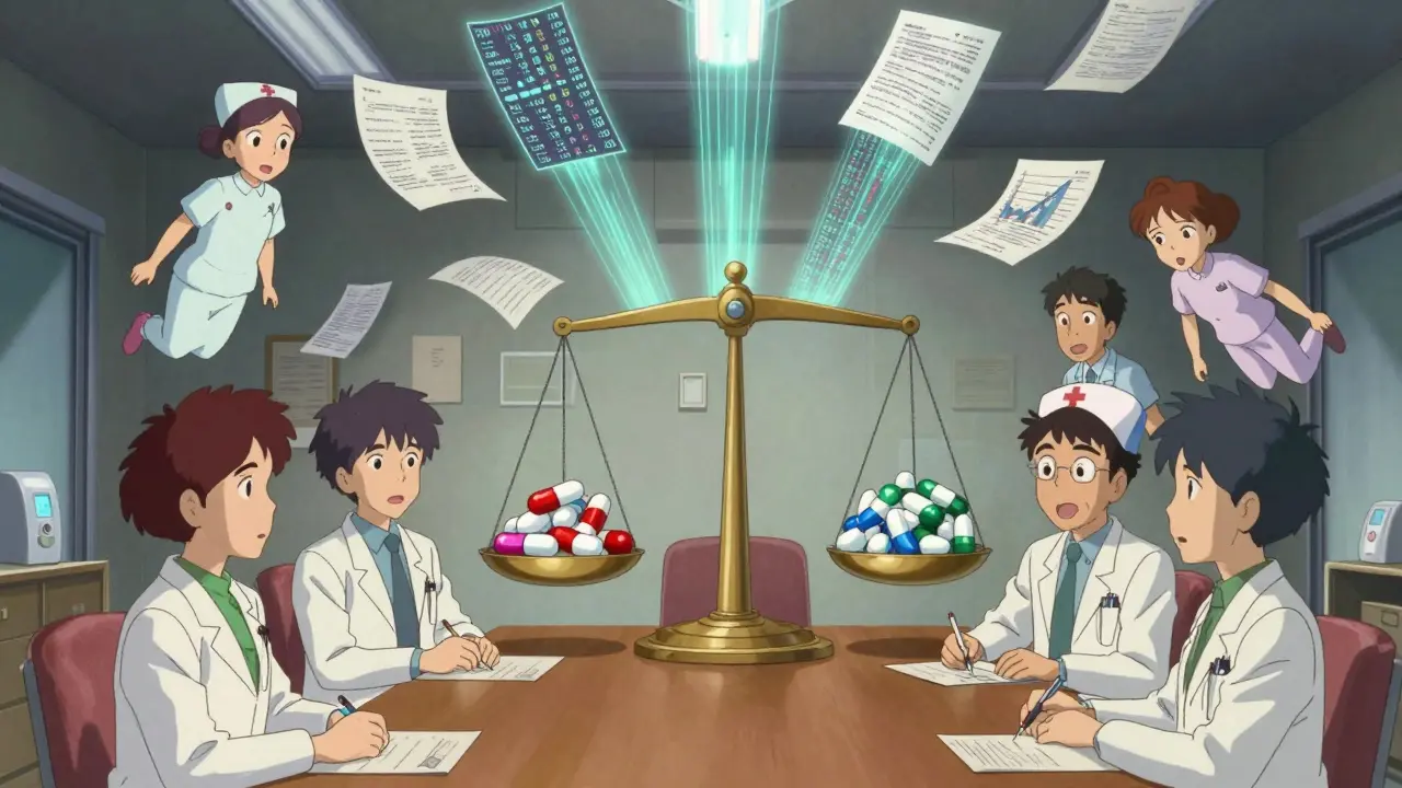 Medical team floating in a surreal room as data streams balance branded and generic pills.