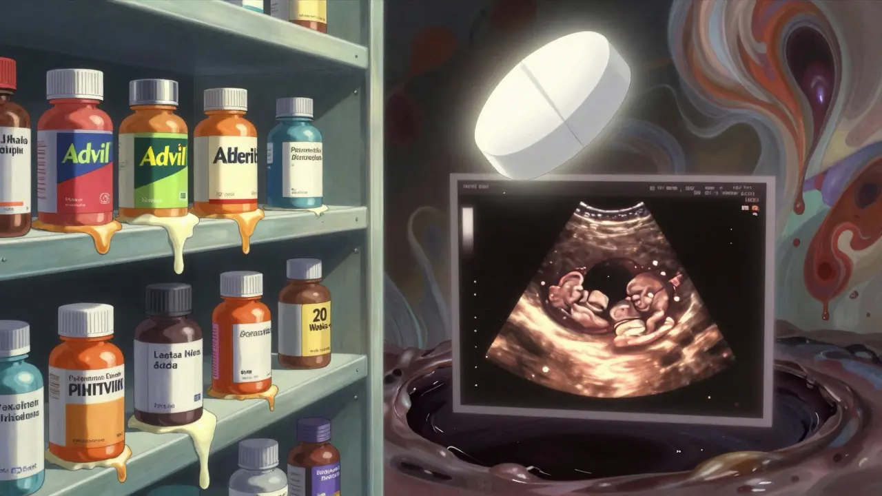 Melting NSAID bottles falling into darkness, while a glowing acetaminophen pill hovers above a healthy fetus.