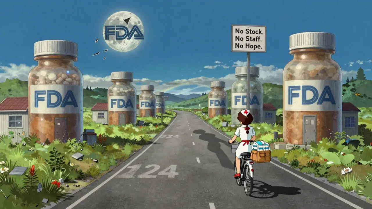 Nurse on bicycle rides past closed clinics, her shadow forming a massive crowd of missing providers.