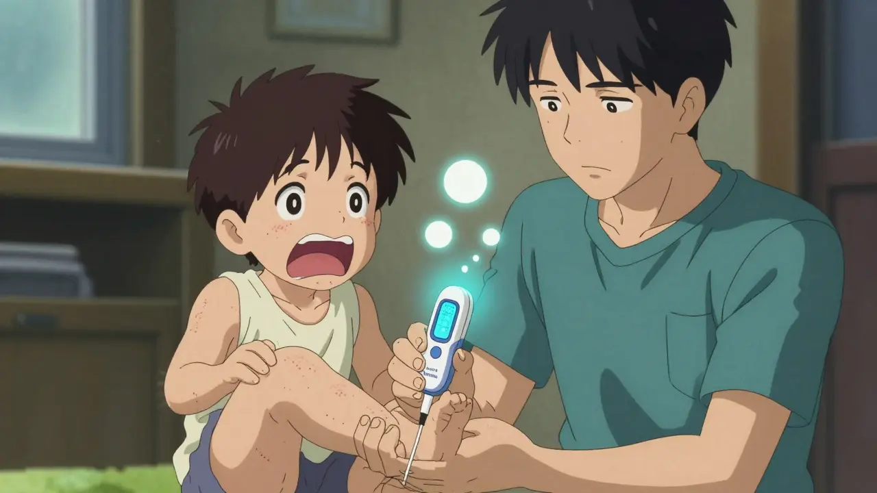 Parent administering epinephrine to a child while holding leg still