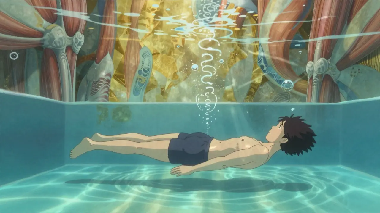 Patient performing hip circles in warm pool with dreamlike water ripples and abstract textures.