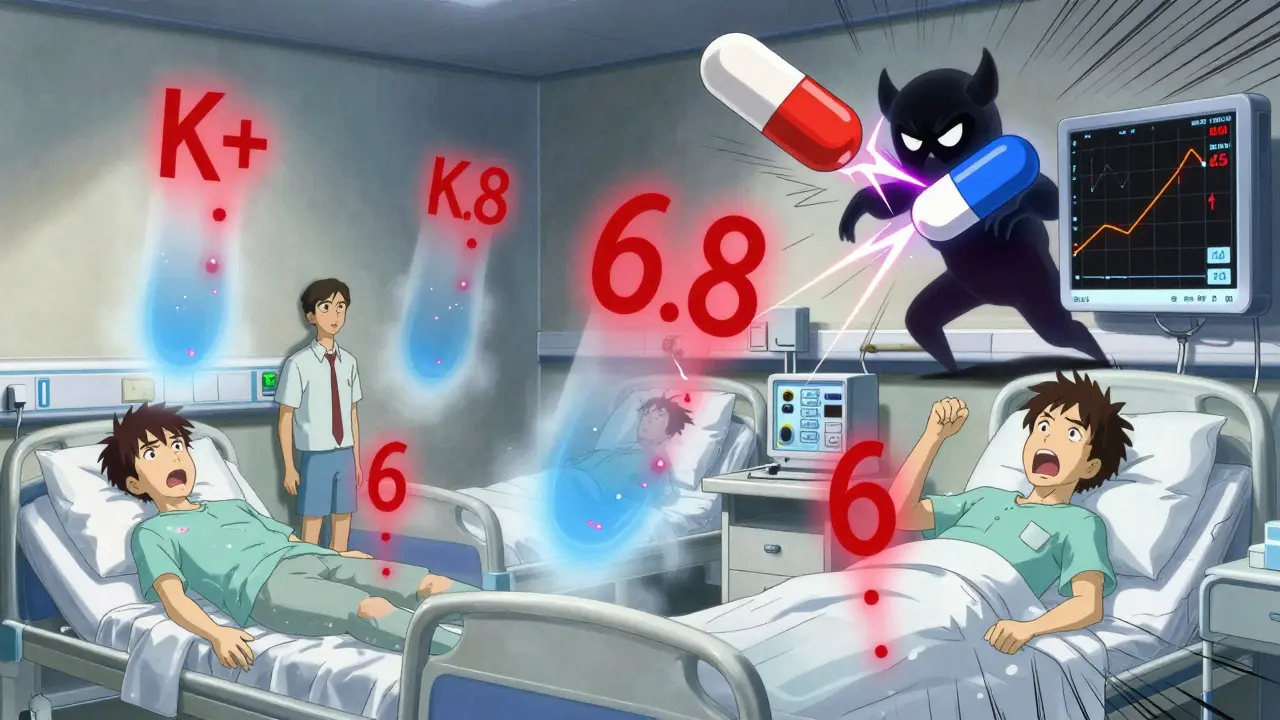 Patients floating with dangerous electrolyte numbers above them, hit by lightning from interacting drugs.