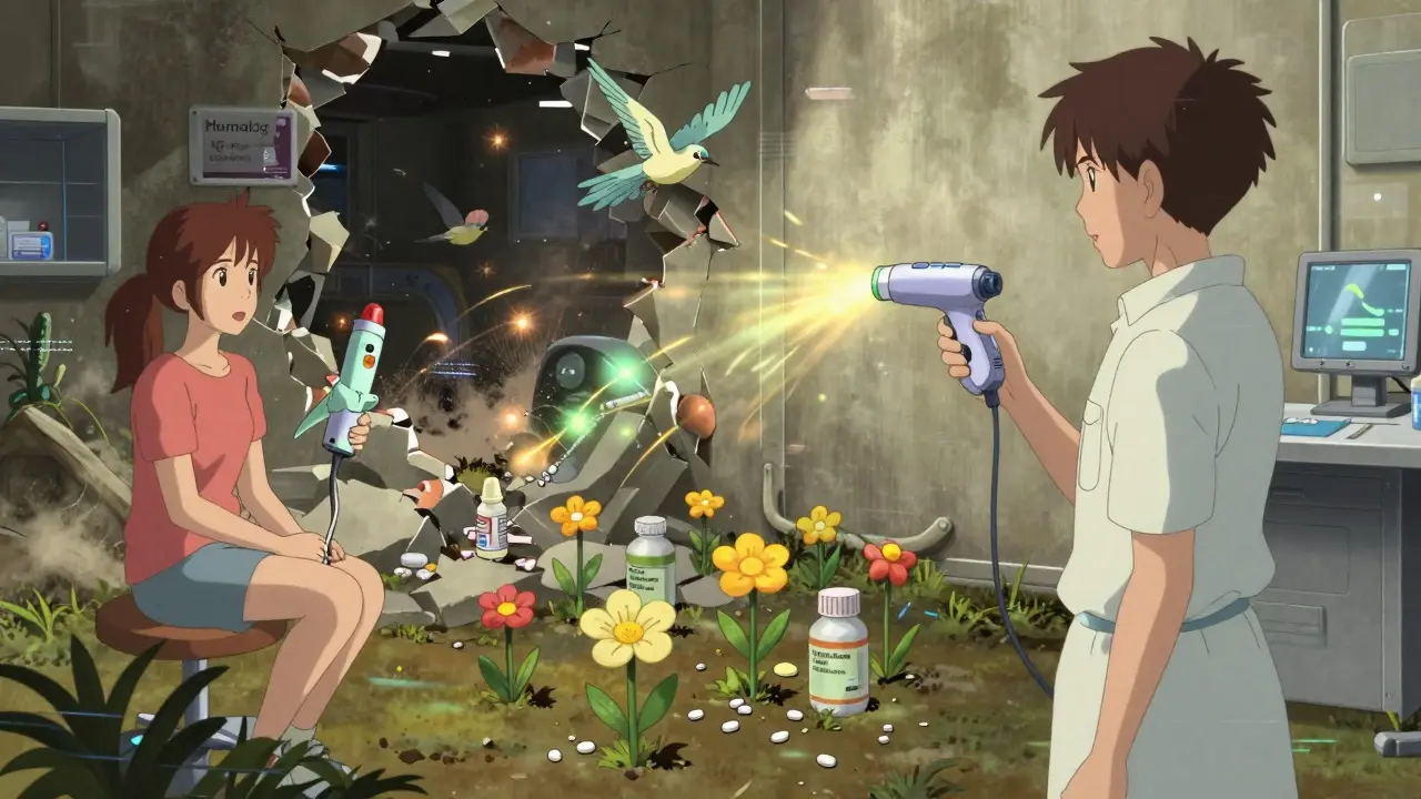 Patients receiving injections that turn into birds, as old exclusivity walls crumble into flowers.